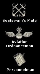 Rating badges for each rating I've been in.  Personnelman, Aviation Ordnanceman, and Boatswain's Mate.